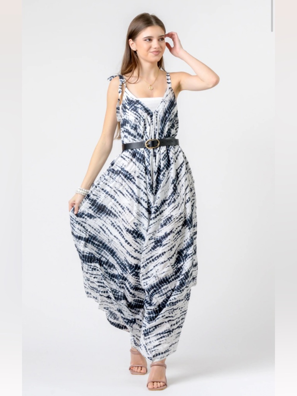 Boho Black & White Tie-Dye Wide Leg Jumpsuit, Festival, Summer, Breezy